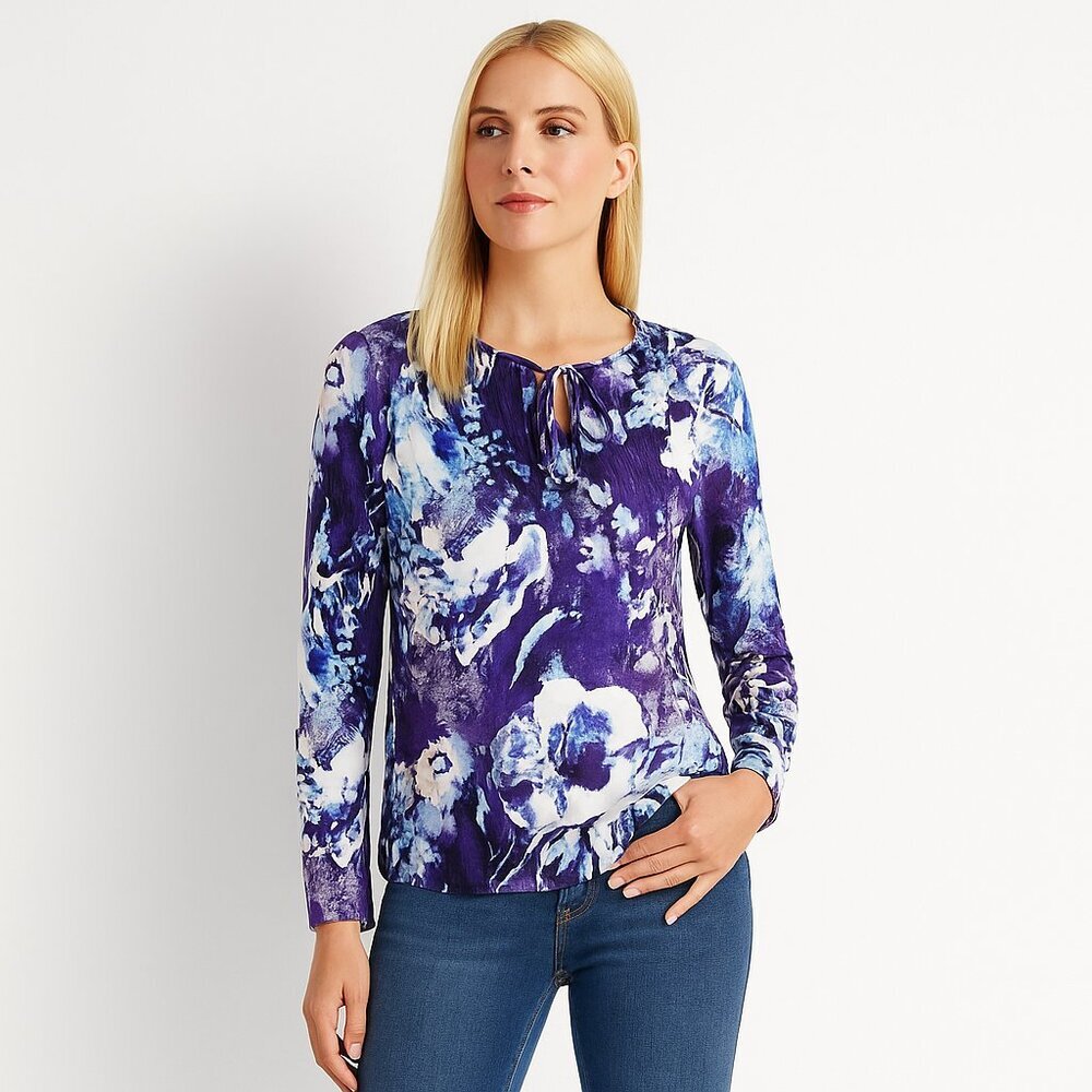 NWT White House Black Market Long Sleeve Notch Top Abstract Bloom Violet M